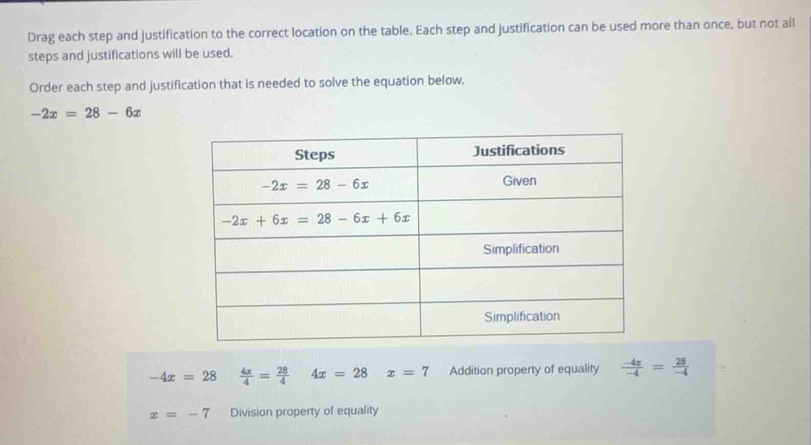 drag each step and justification to the correct location on the table. …