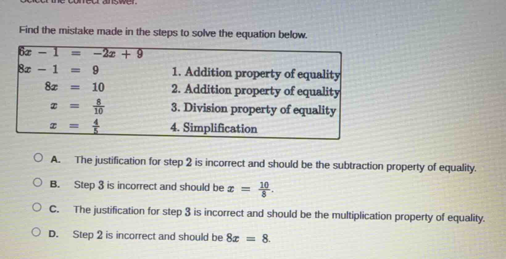 find the mistake made in the steps to solve the equation below. \\(6x -…