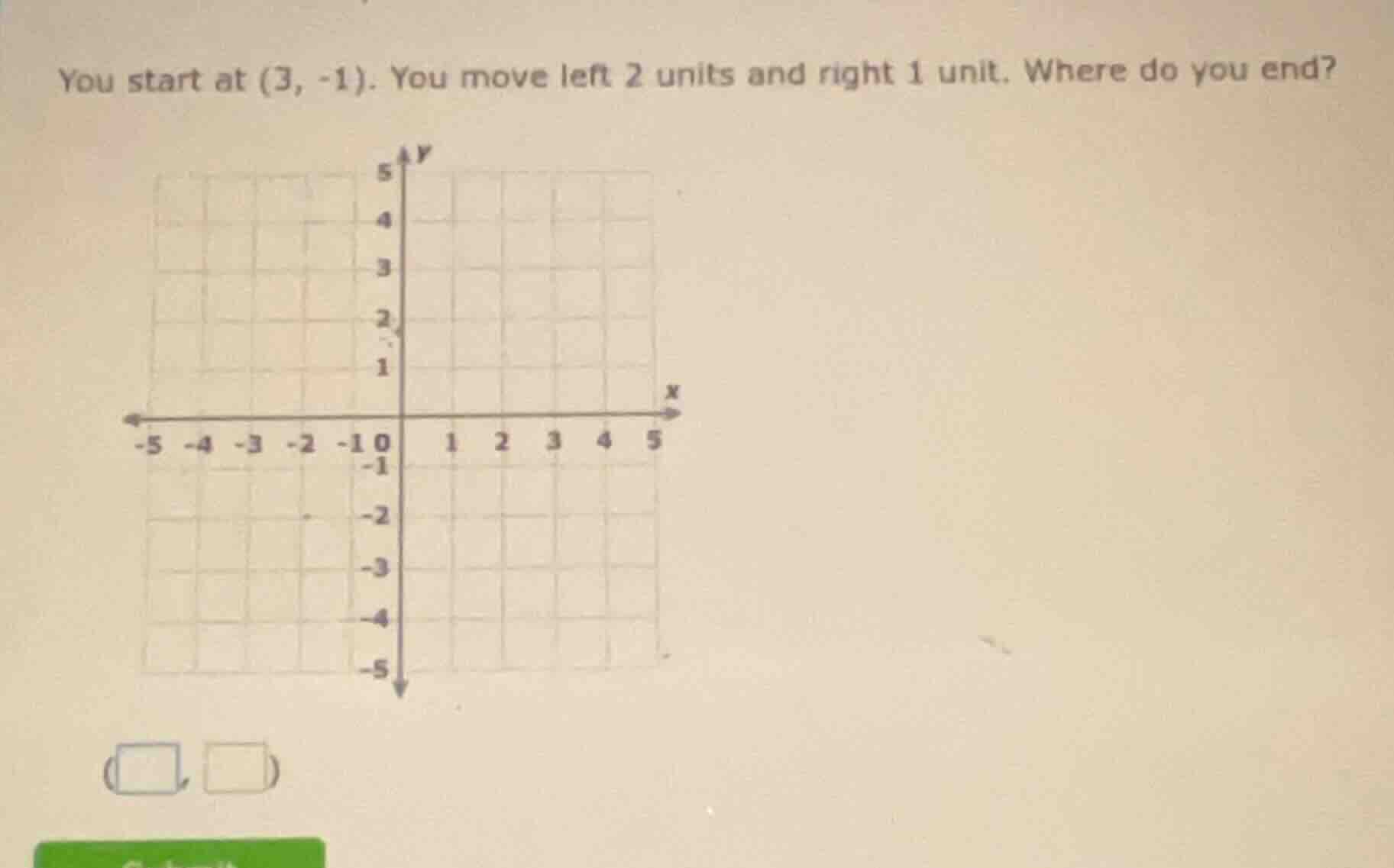 you start at (3, -1). you move left 2 units and right 1 unit. where do …