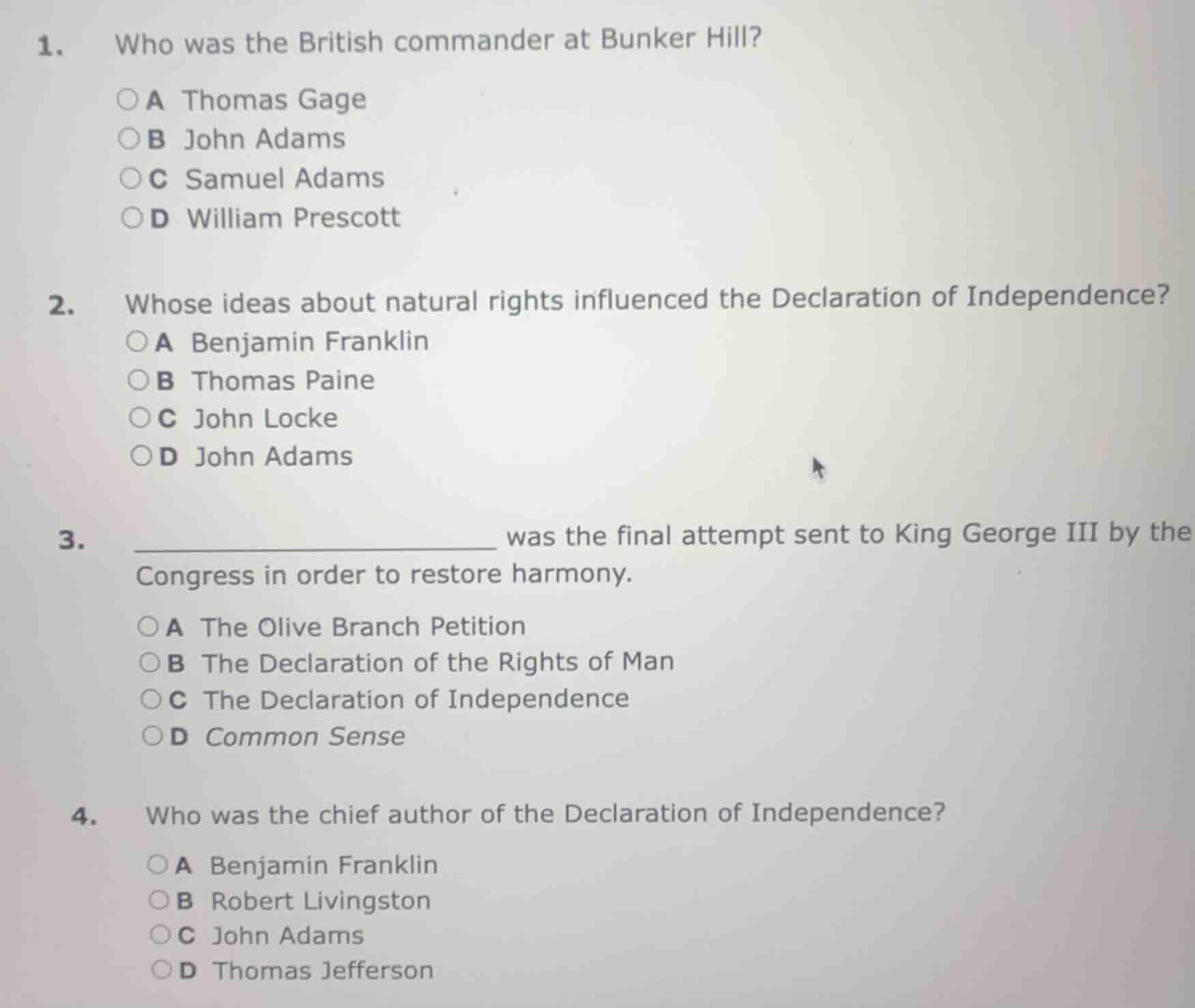 1. who was the british commander at bunker hill? a thomas gage b john a…