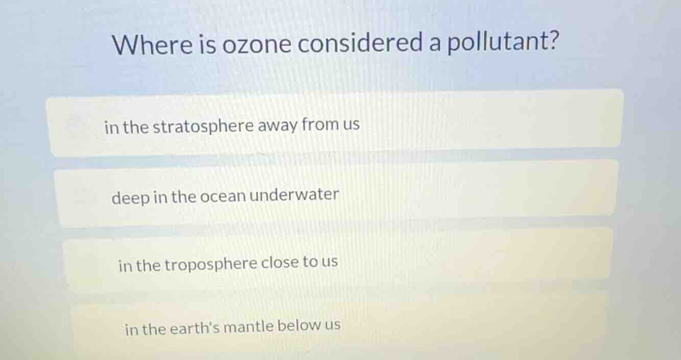 where is ozone considered a pollutant? in the stratosphere away from us…