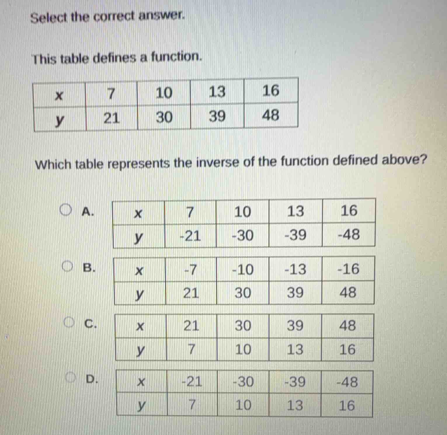 select the correct answer. this table defines a function. | x | 7 | 10 …