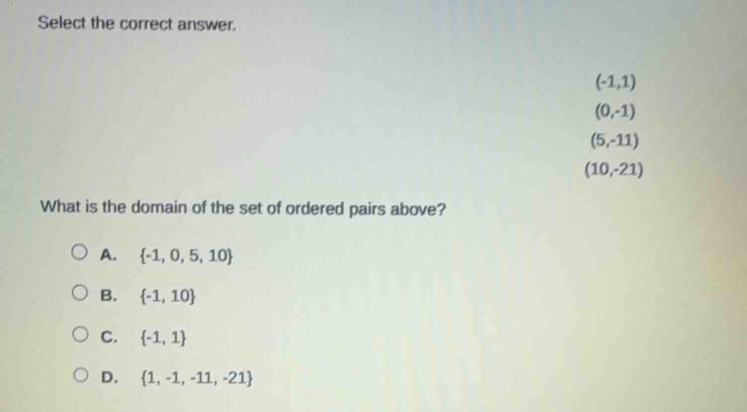 select the correct answer. (-1,1) (0,-1) (5,-11) (10,-21) what is the d…