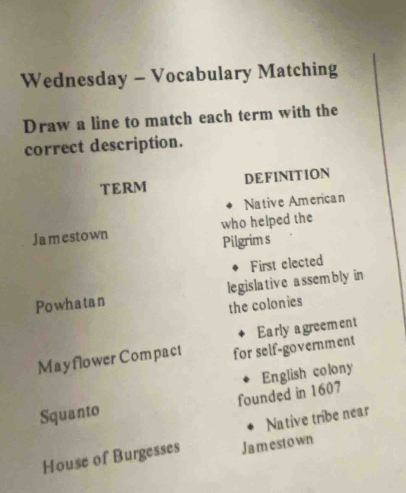 wednesday – vocabulary matching draw a line to match each term with the…