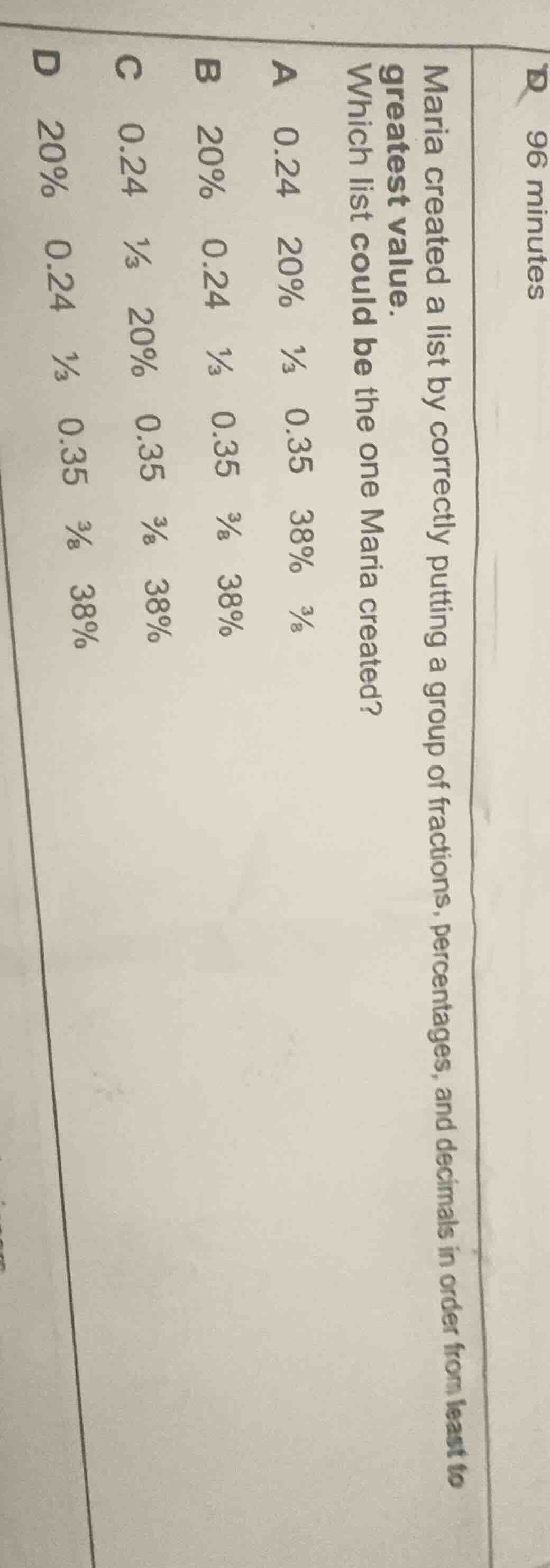 maria created a list by correctly putting a group of fractions, percent…