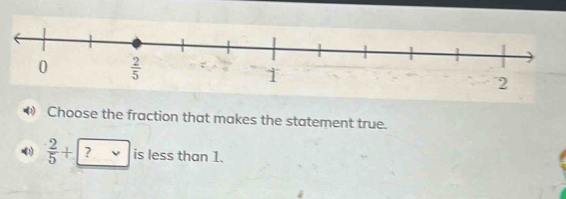 choose the fraction that makes the statement true. \\(\frac{2}{5}+\\) ?…