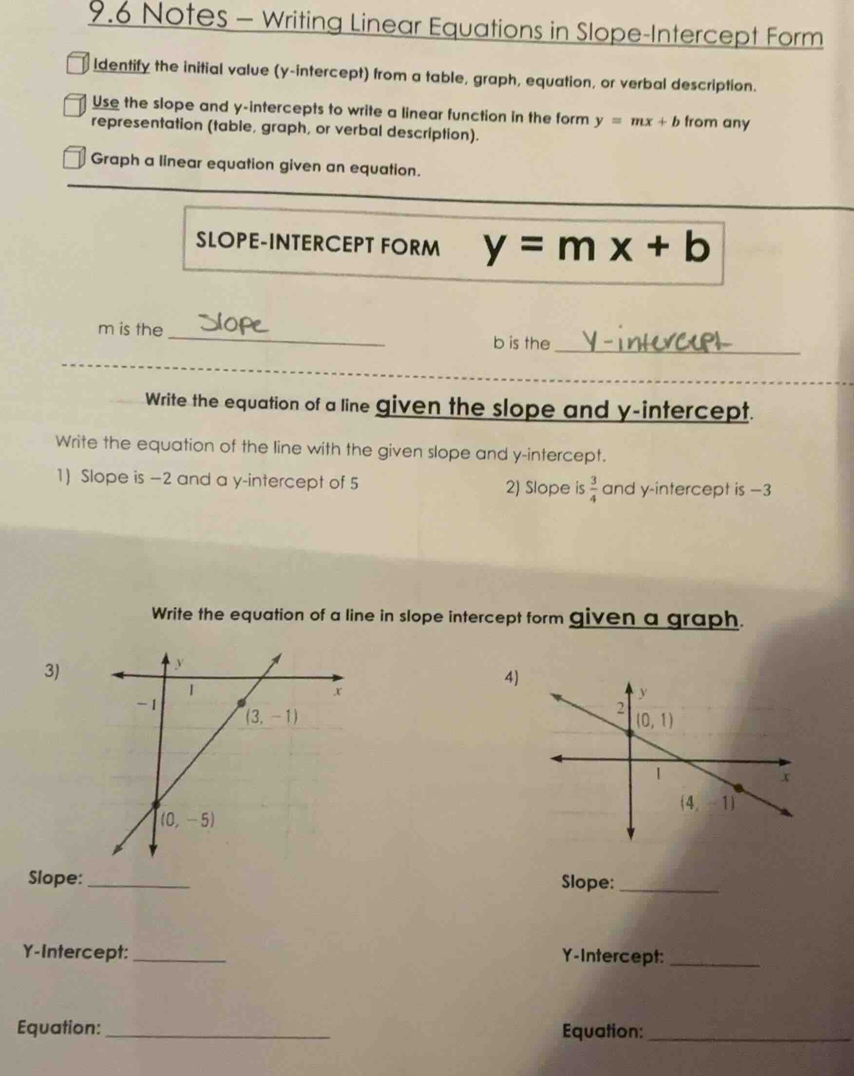 9.6 notes – writing linear equations in slope-intercept form identify t…