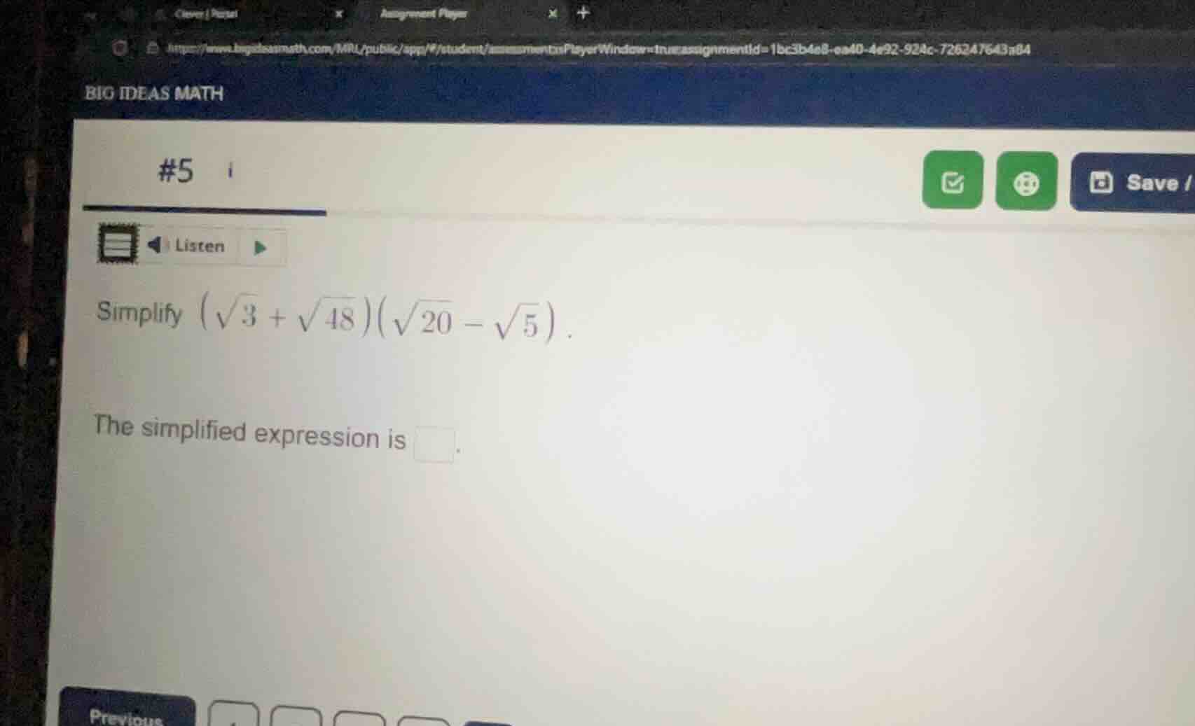 simplify $(sqrt{3} + sqrt{48})(sqrt{20} - sqrt{5})$. the simplified exp…