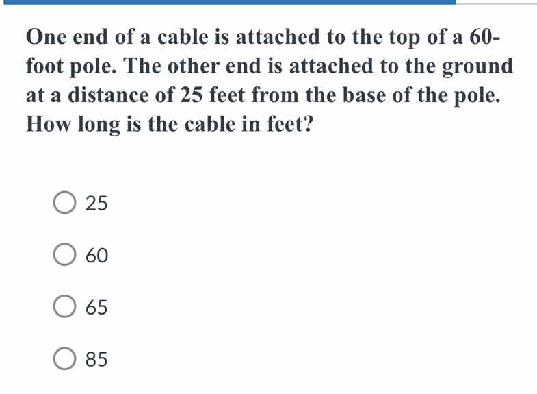 one end of a cable is attached to the top of a 60-foot pole. the other …