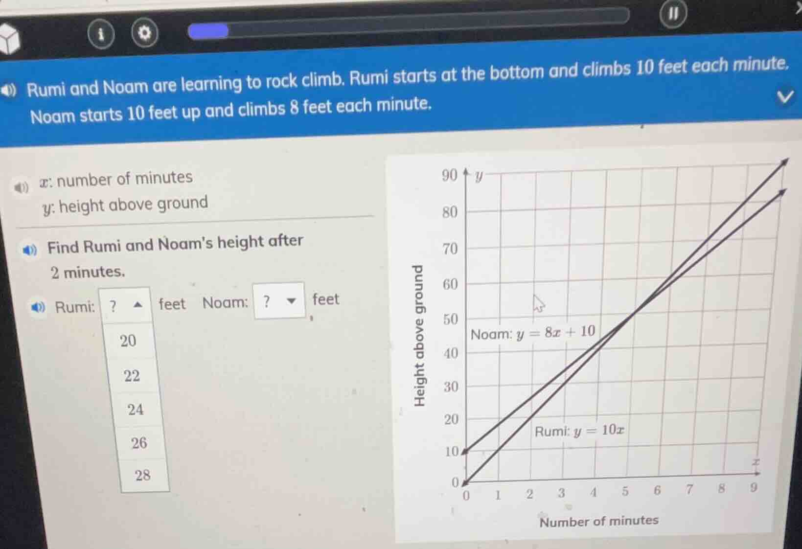 rumi and noam are learning to rock climb. rumi starts at the bottom and…