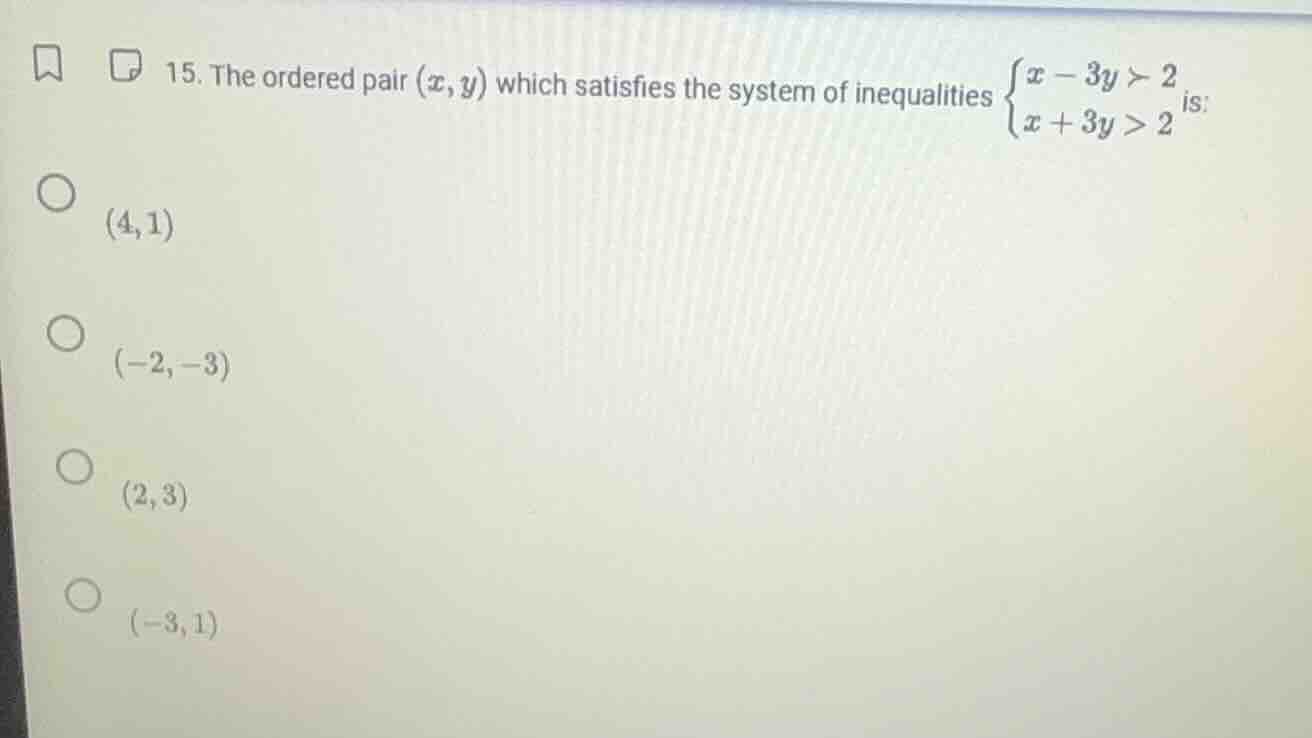 15. the ordered pair ((x,y)) which satisfies the system of inequalities…