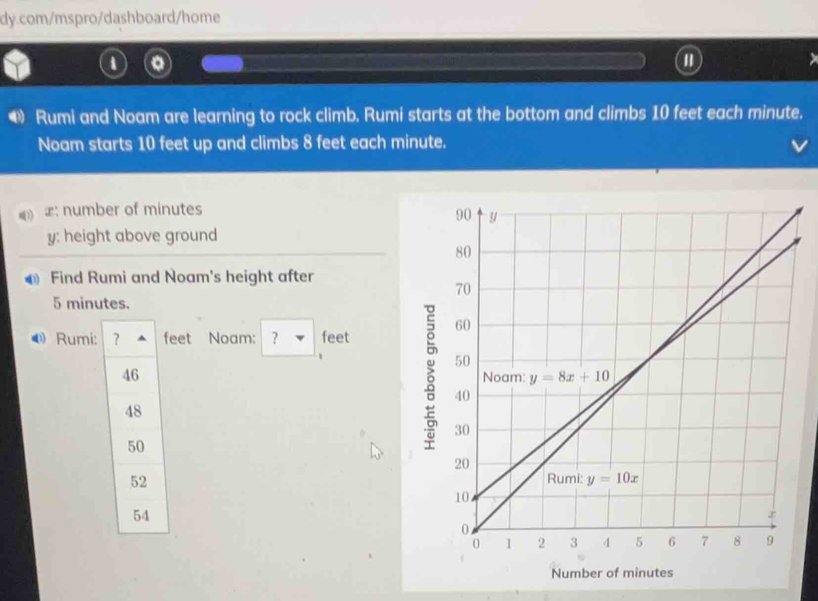 rumi and noam are learning to rock climb. rumi starts at the bottom and…