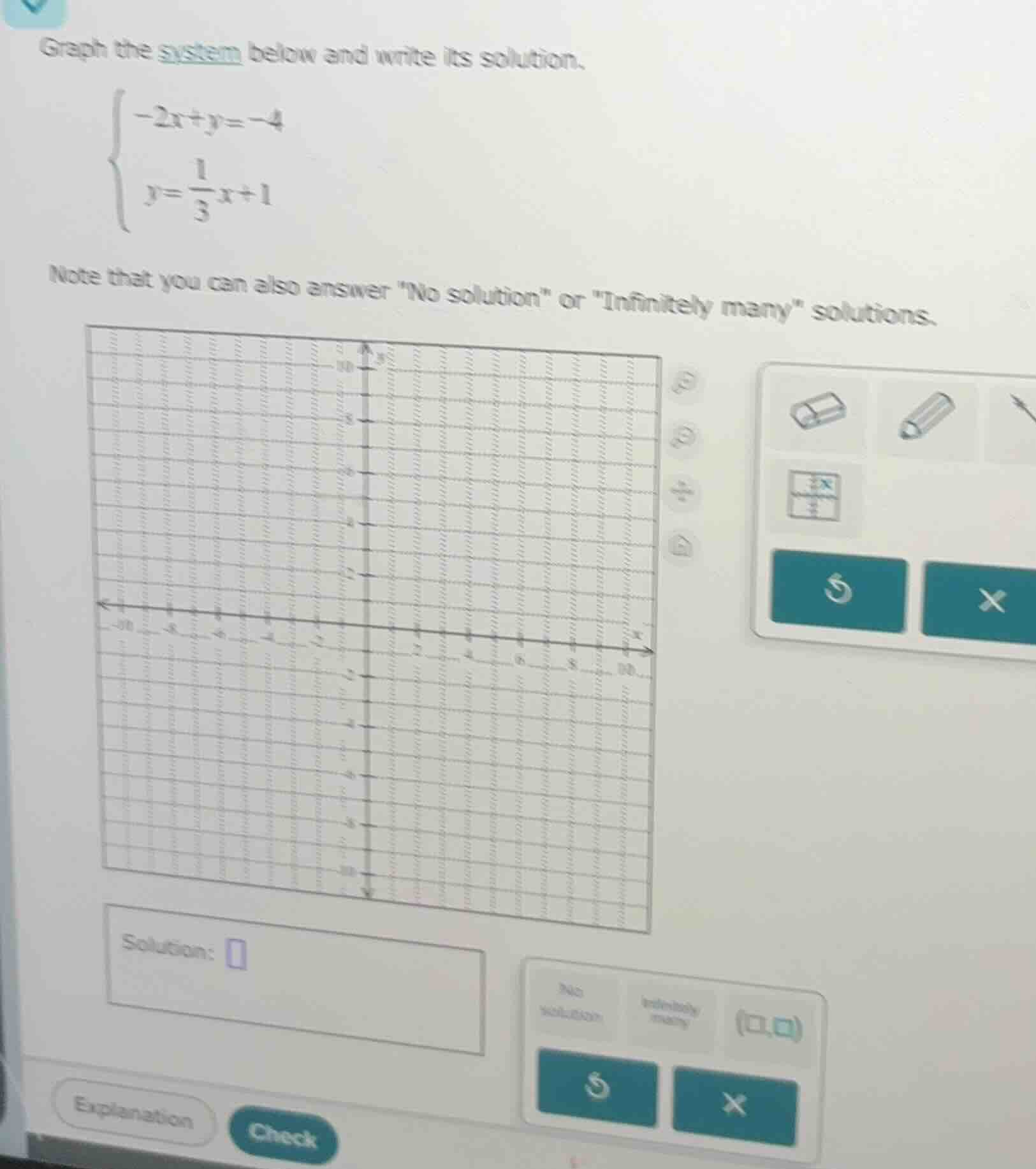 graph the system below and write its solution.\\begin{cases}-2x + y = -…