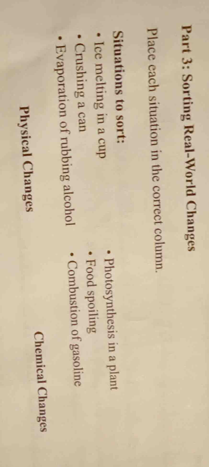 part 3: sorting real - world changes place each situation in the correc…