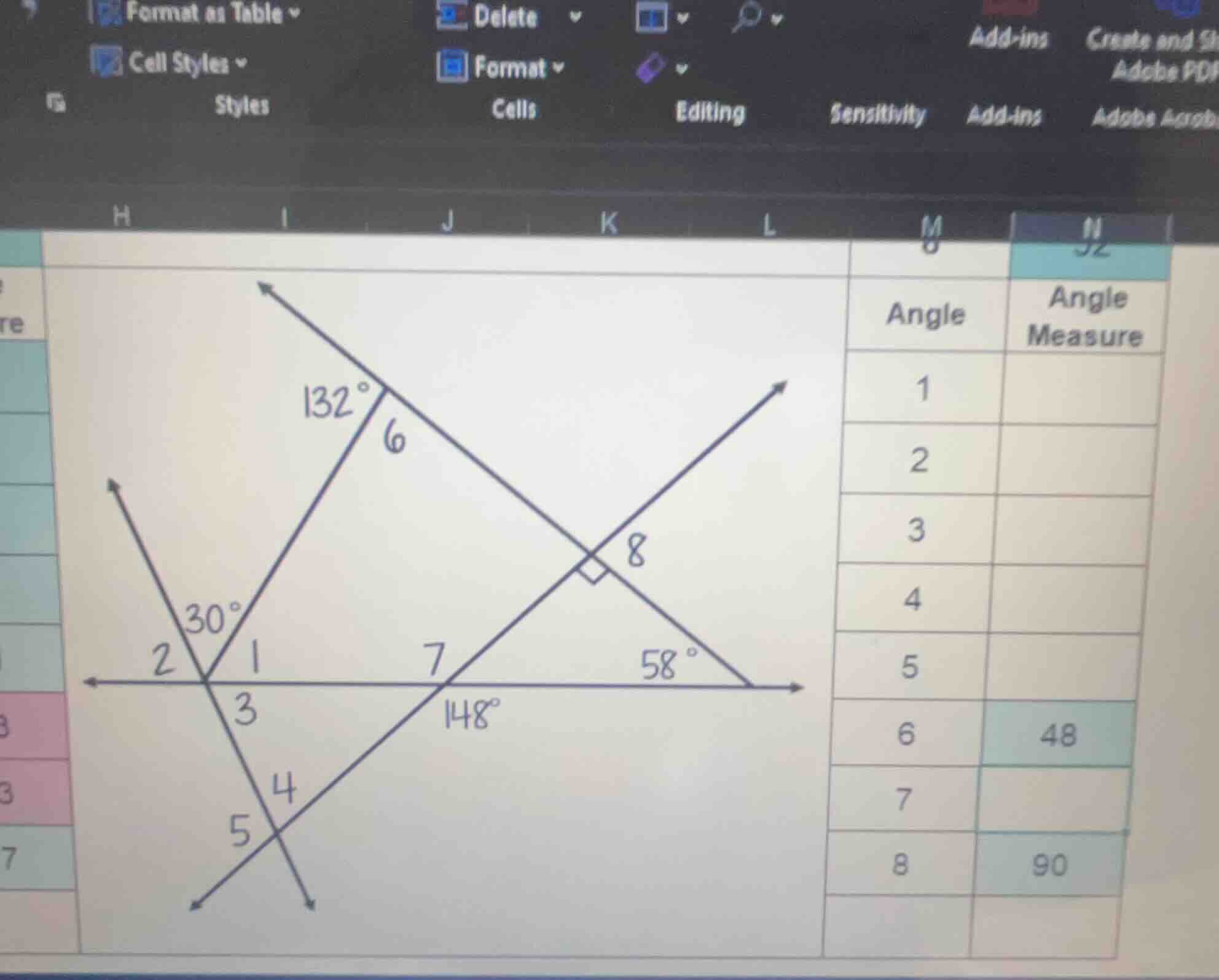 there is a geometric figure with angles marked as 132°, 30°, 58°, 148°,…