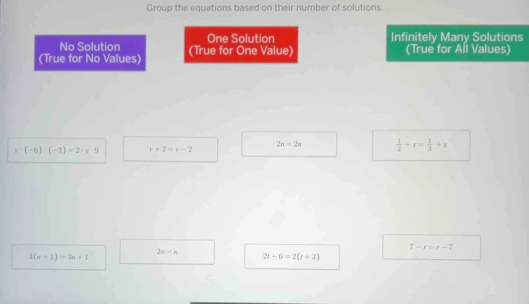 group the equations based on their number of solutions. no solution (tr…