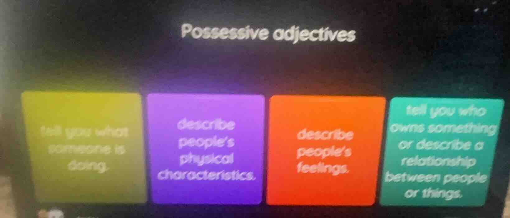 possessive adjectives tell you what someone is doing. describe people’s…
