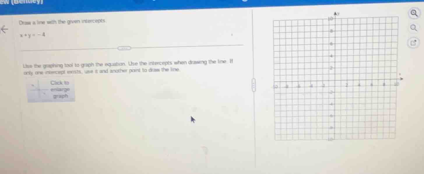 draw a line with the given intercepts. x + y = -4 use the graphing tool…