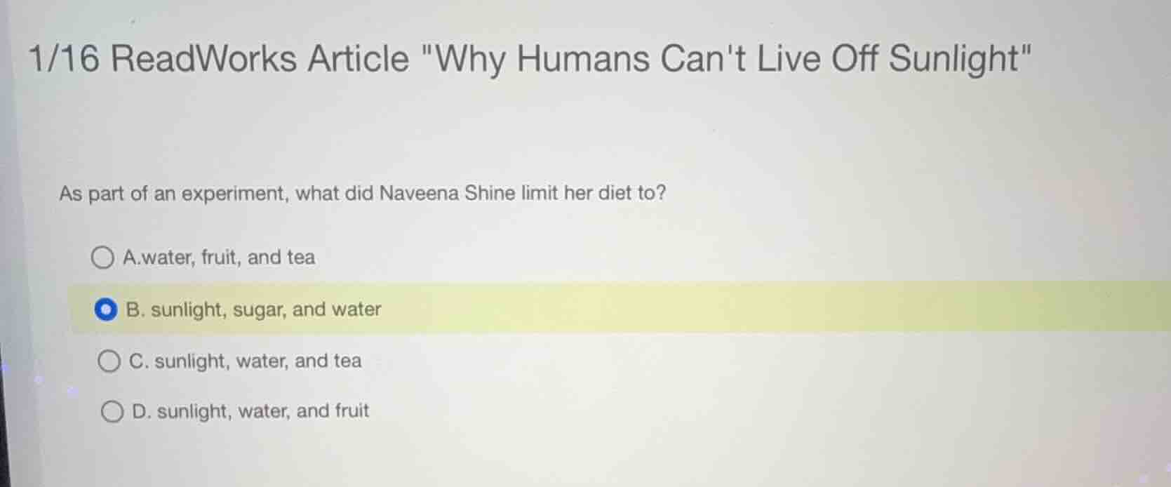 1/16 readworks article \why humans cant live off sunlight\ as part of a…