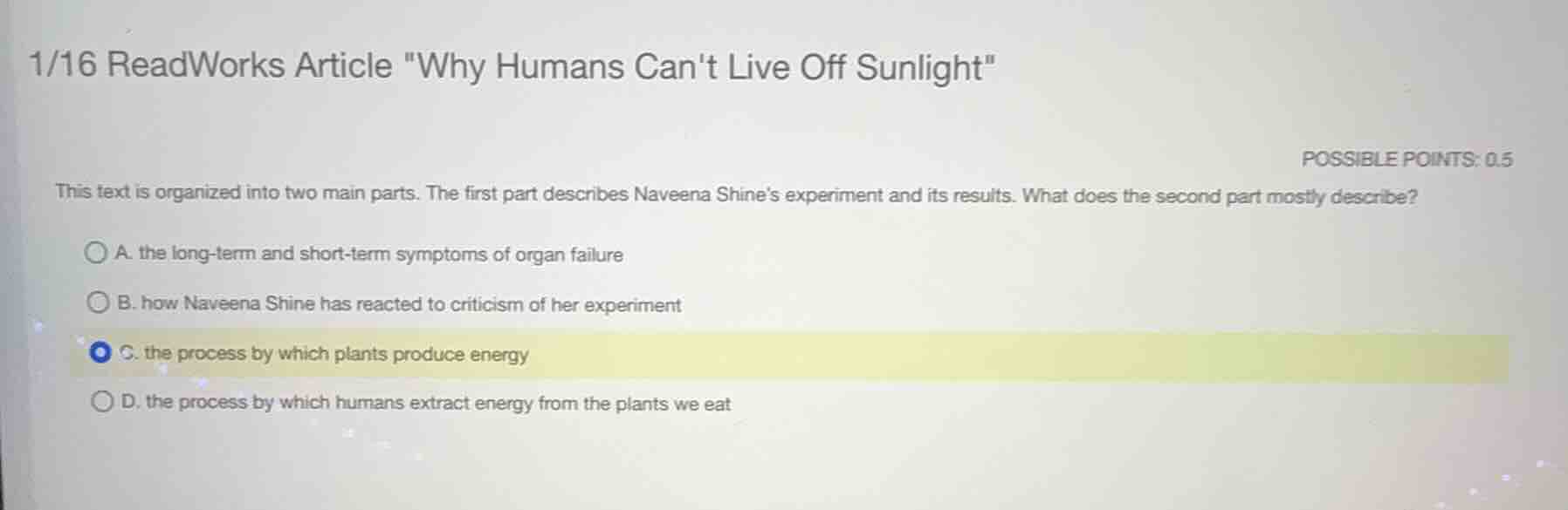 1/16 readworks article \why humans cant live off sunlight\ possible poi…