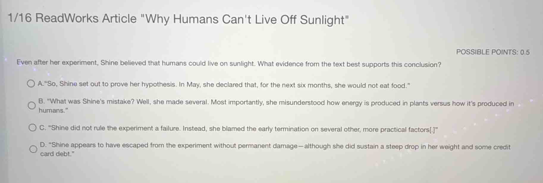 1/16 readworks article \why humans cant live off sunlight\ possible poi…