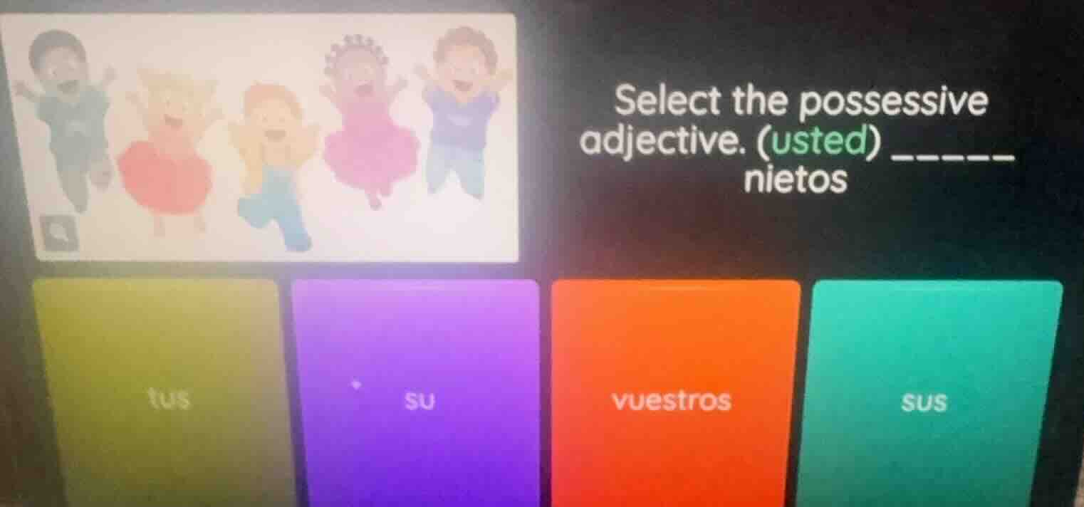 select the possessive adjective. (usted) ______ nietos tus su vuestros …
