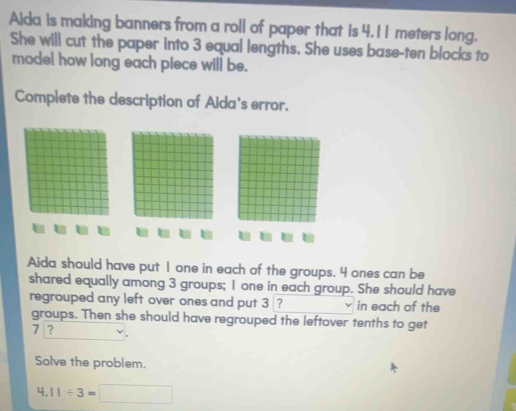 alda is making banners from a roll of paper that is 4.11 meters long. s…