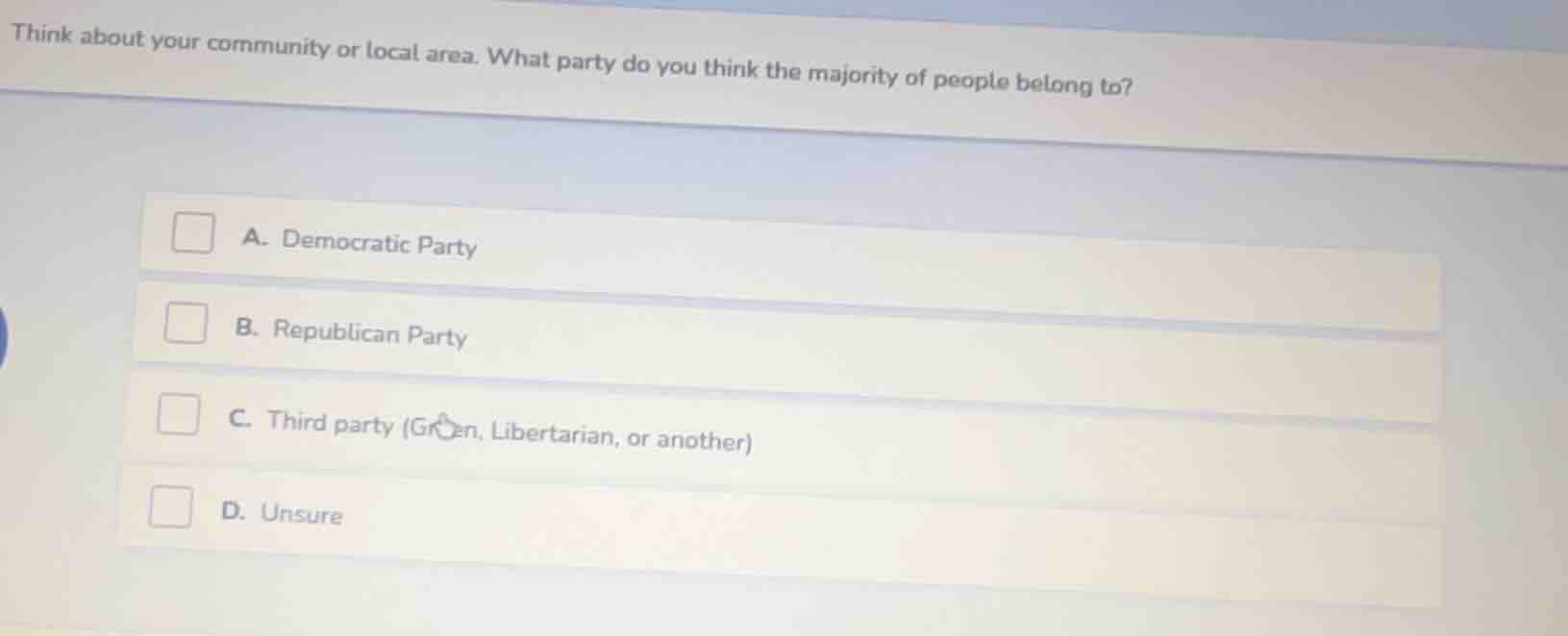 think about your community or local area. what party do you think the m…