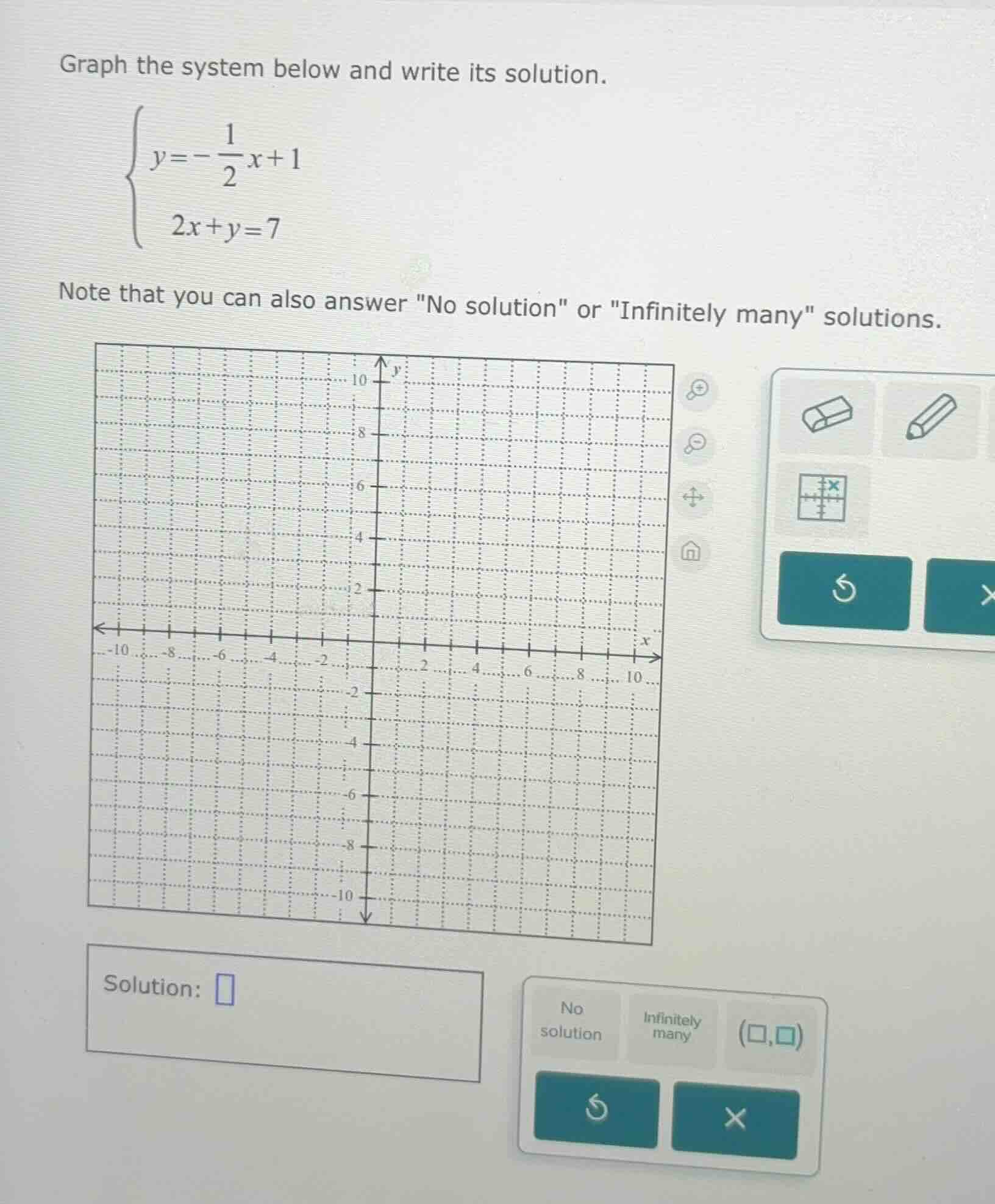 graph the system below and write its solution.\\begin{cases}y = -\\dfra…