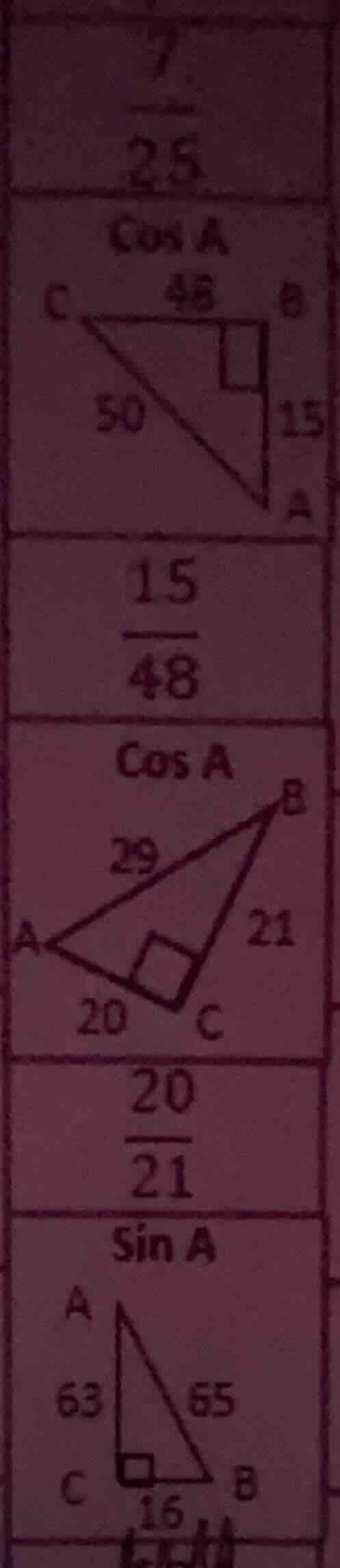 7 25 cos a 48 50 15 15/48 cos a 29 21 20 20/21 sin a 63 65 16