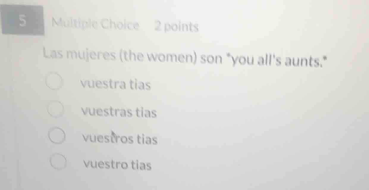 5 multiple choice 2 points las mujeres (the women) son *you alls aunts.…