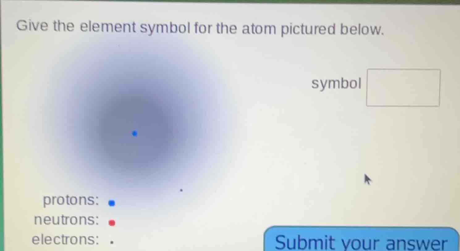 give the element symbol for the atom pictured below. symbol protons: ne…