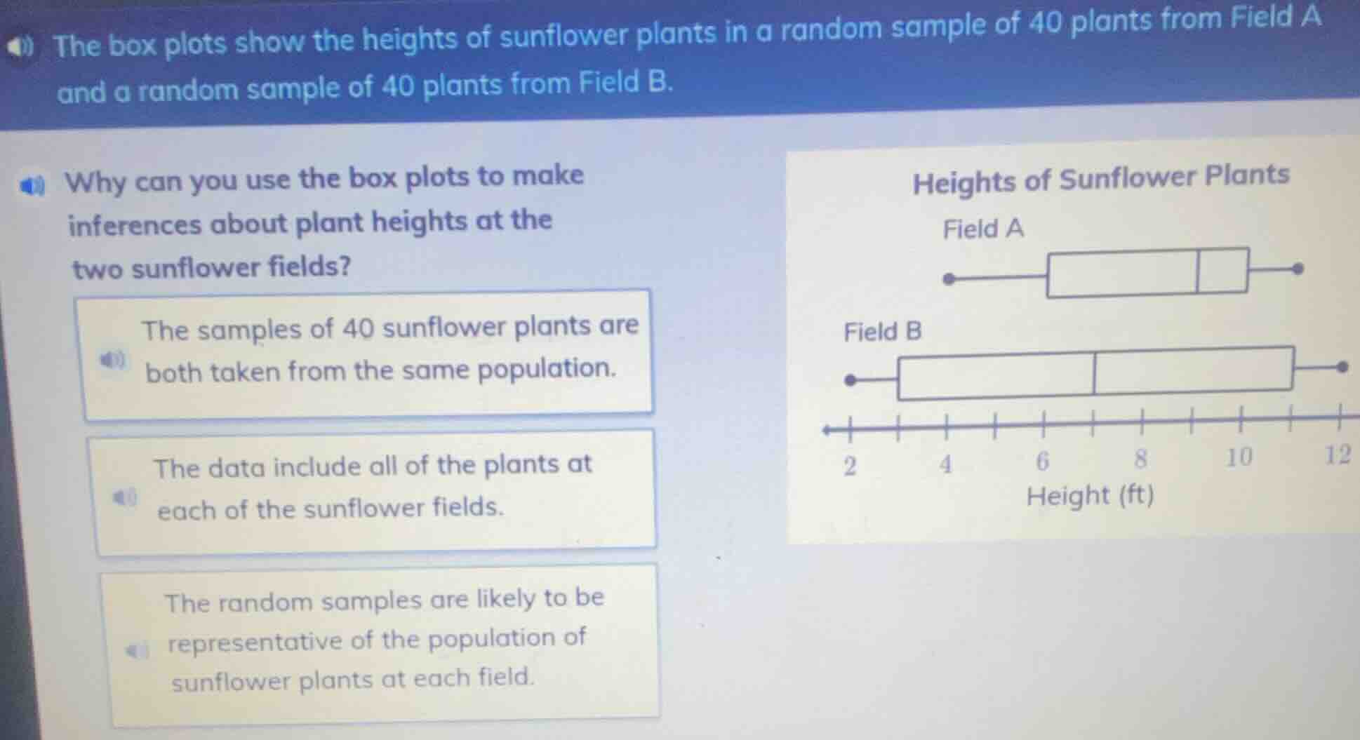 the box plots show the heights of sunflower plants in a random sample o…