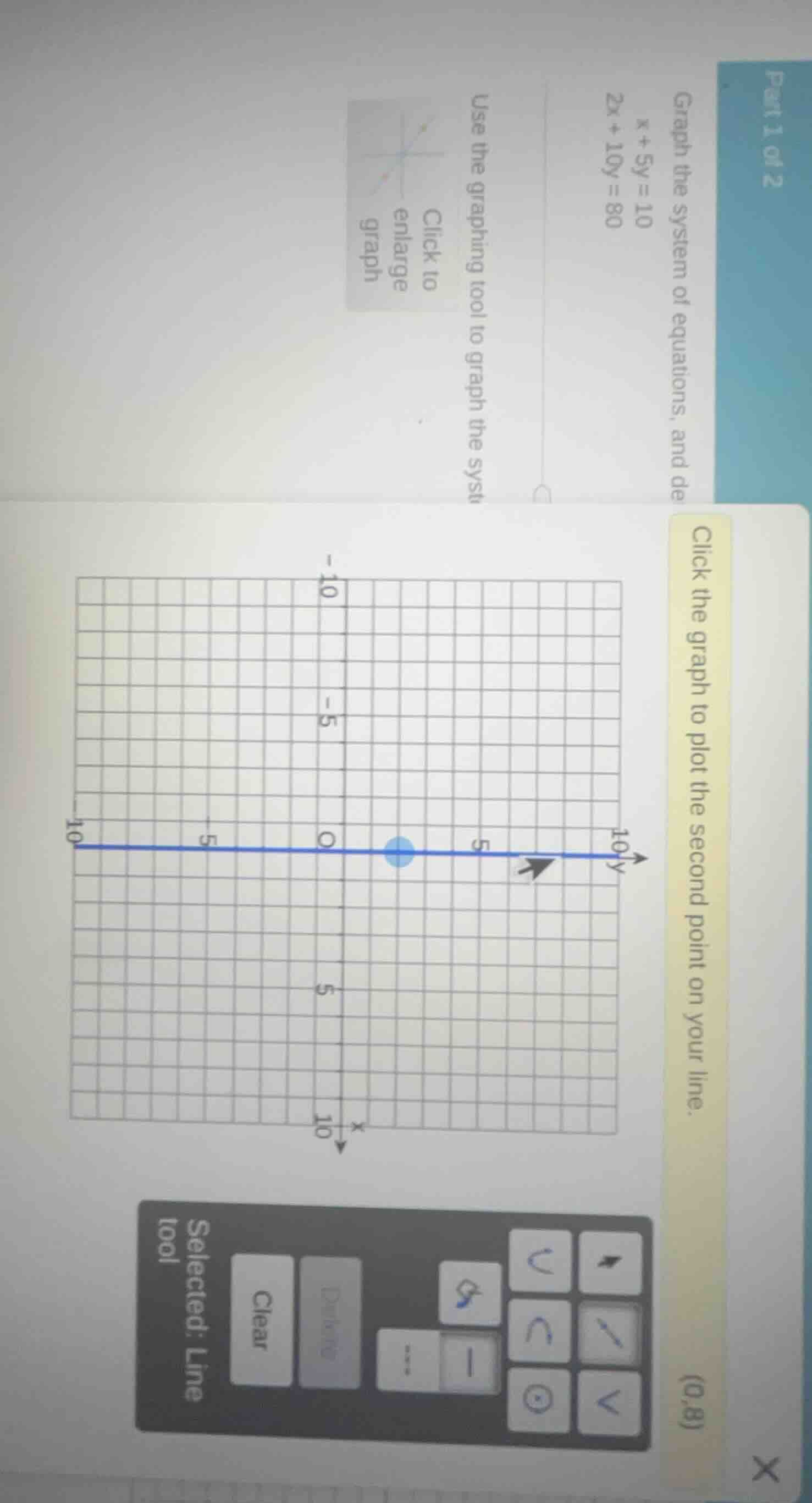 part 1 of 2 graph the system of equations, and de x + 5y = 10 2x + 10y …