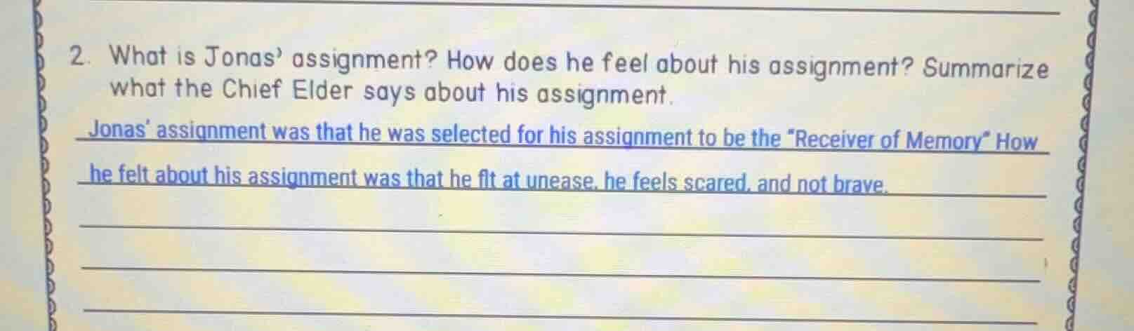 2. what is jonas’ assignment? how does he feel about his assignment? su…