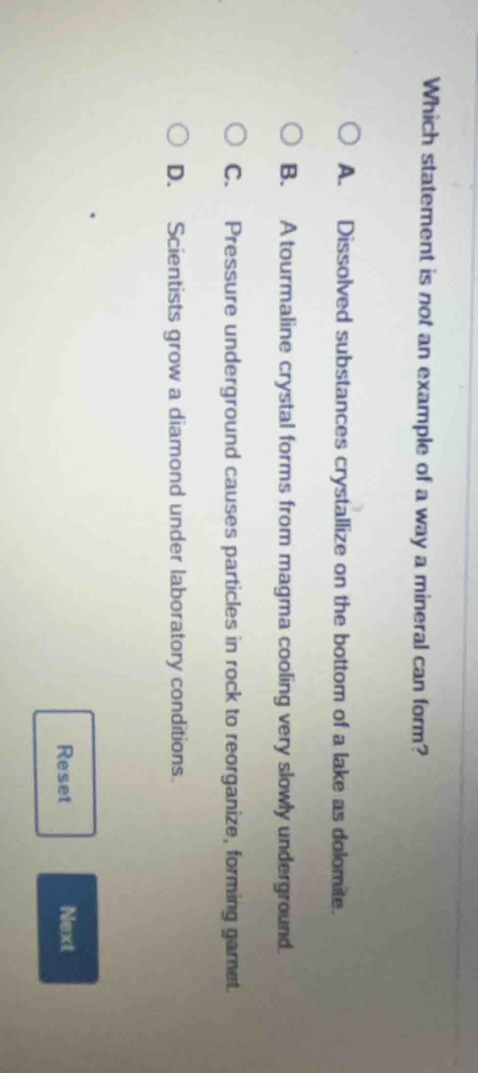 which statement is not an example of a way a mineral can form? a. disso…