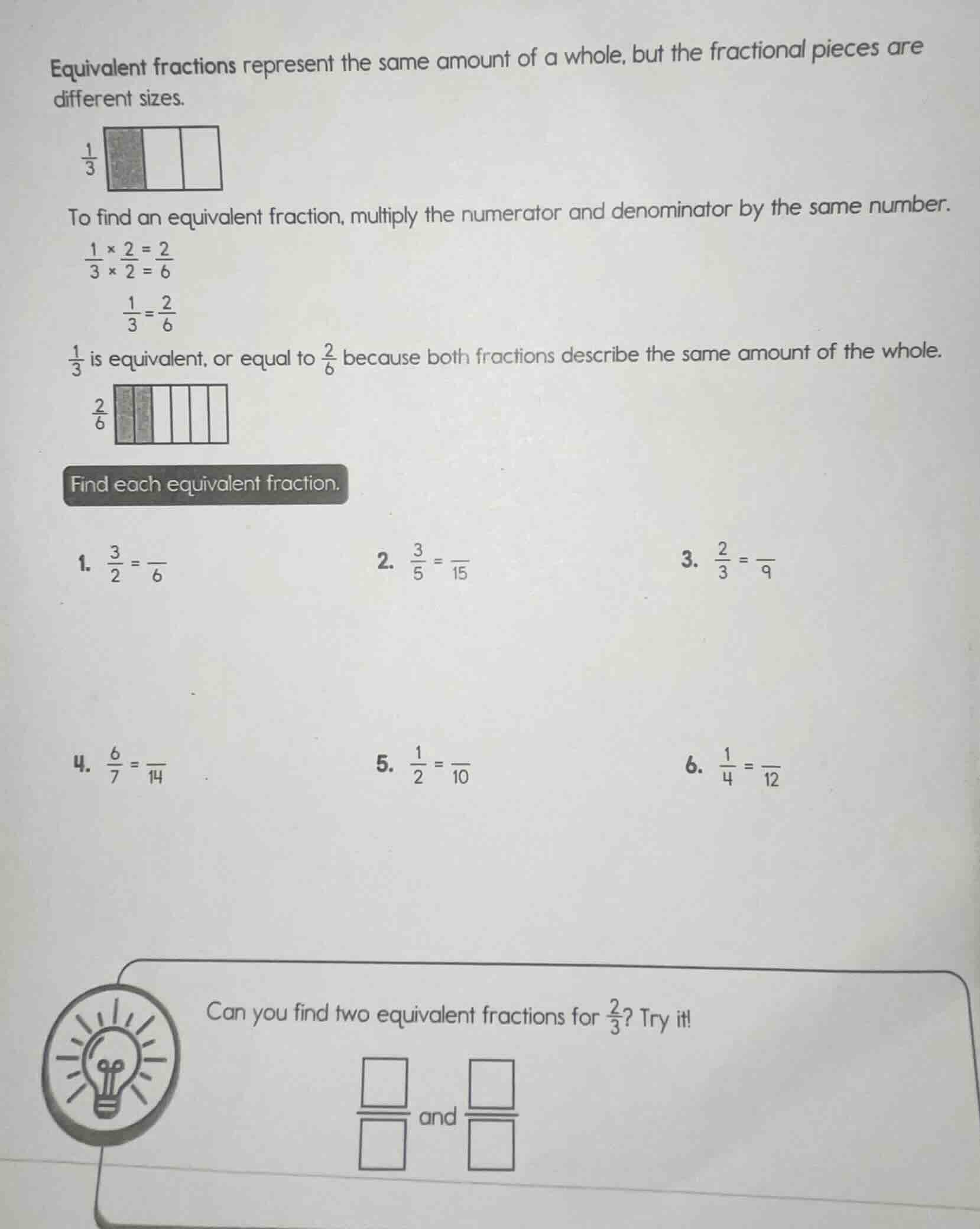equivalent fractions represent the same amount of a whole, but the frac…