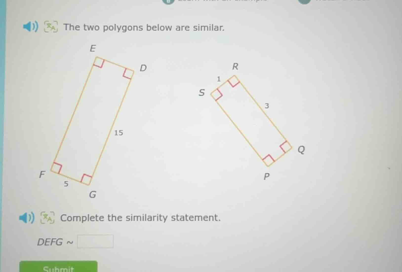 the two polygons below are similar. complete the similarity statement. …