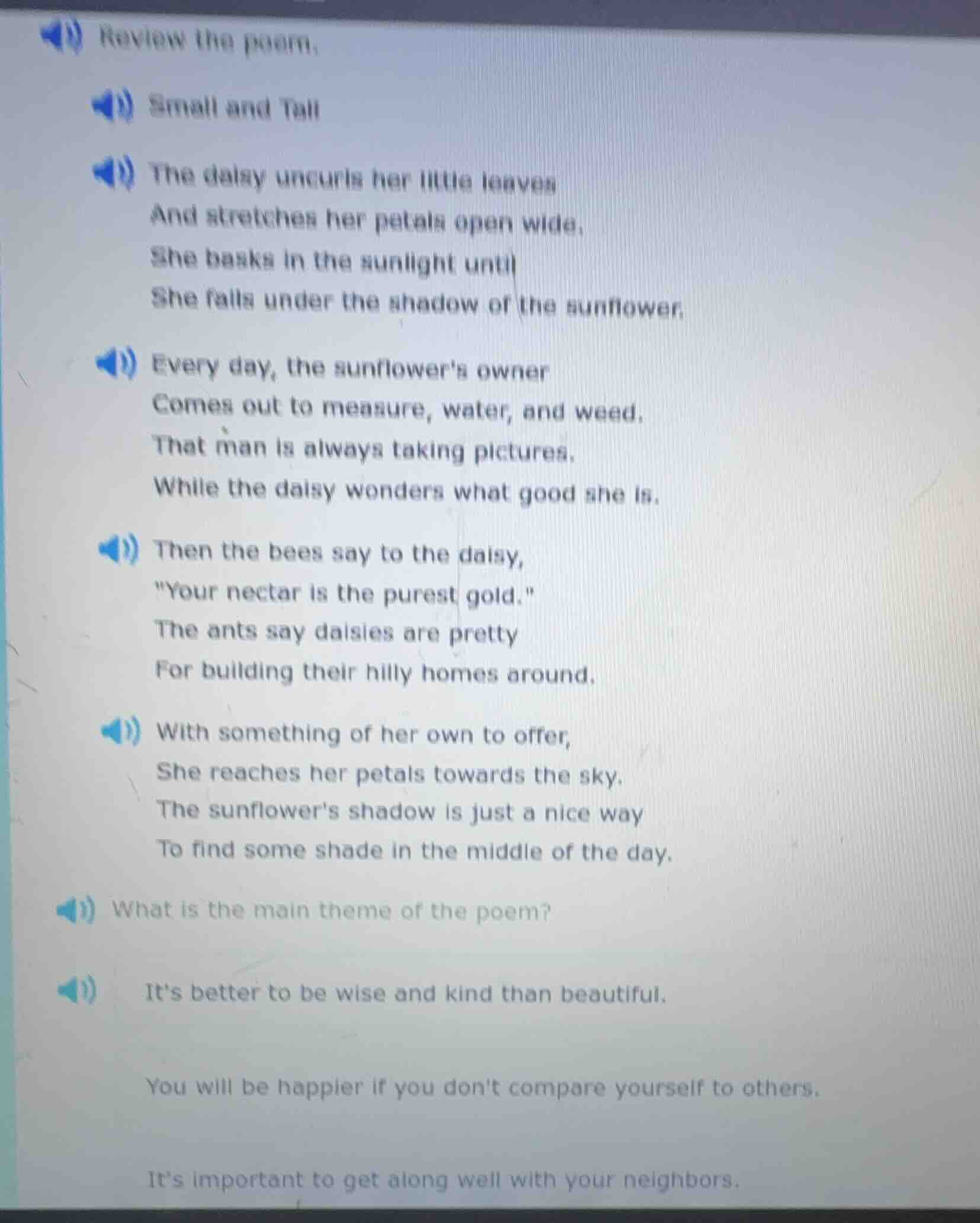 review the poem: small and tall the daisy uncurls her little leaves and…