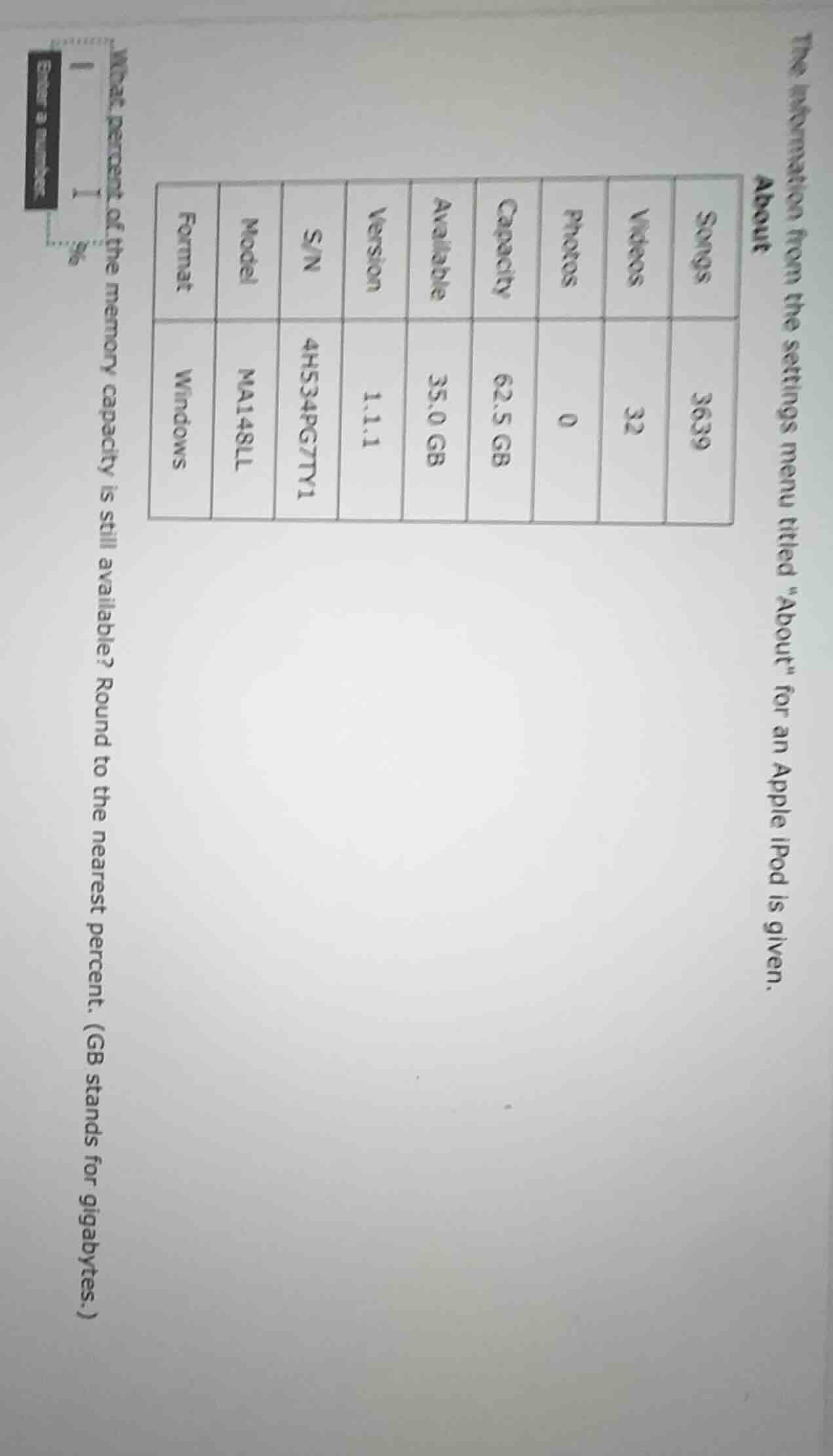 the information from the settings menu titled \about\ for an apple ipod…