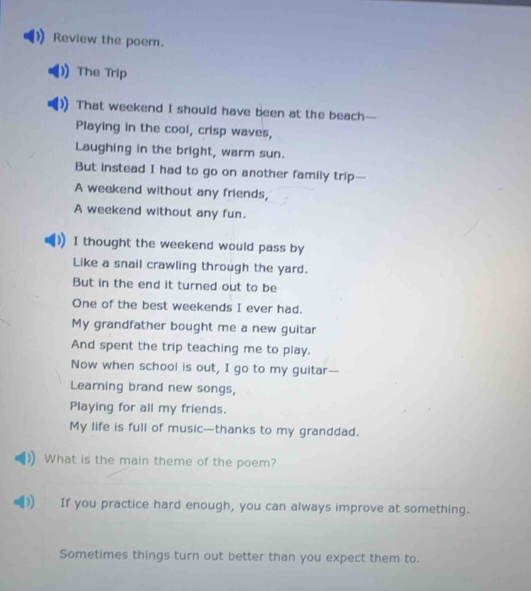 review the poem. the trip that weekend i should have been at the beach—…