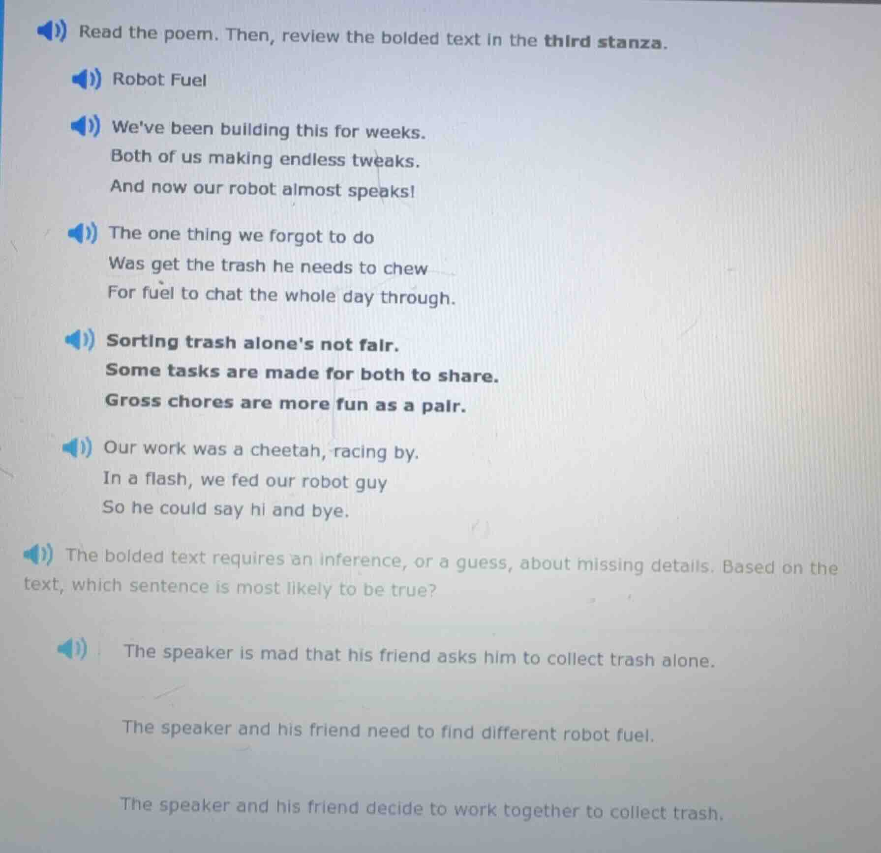 read the poem. then, review the bolded text in the third stanza. robot …