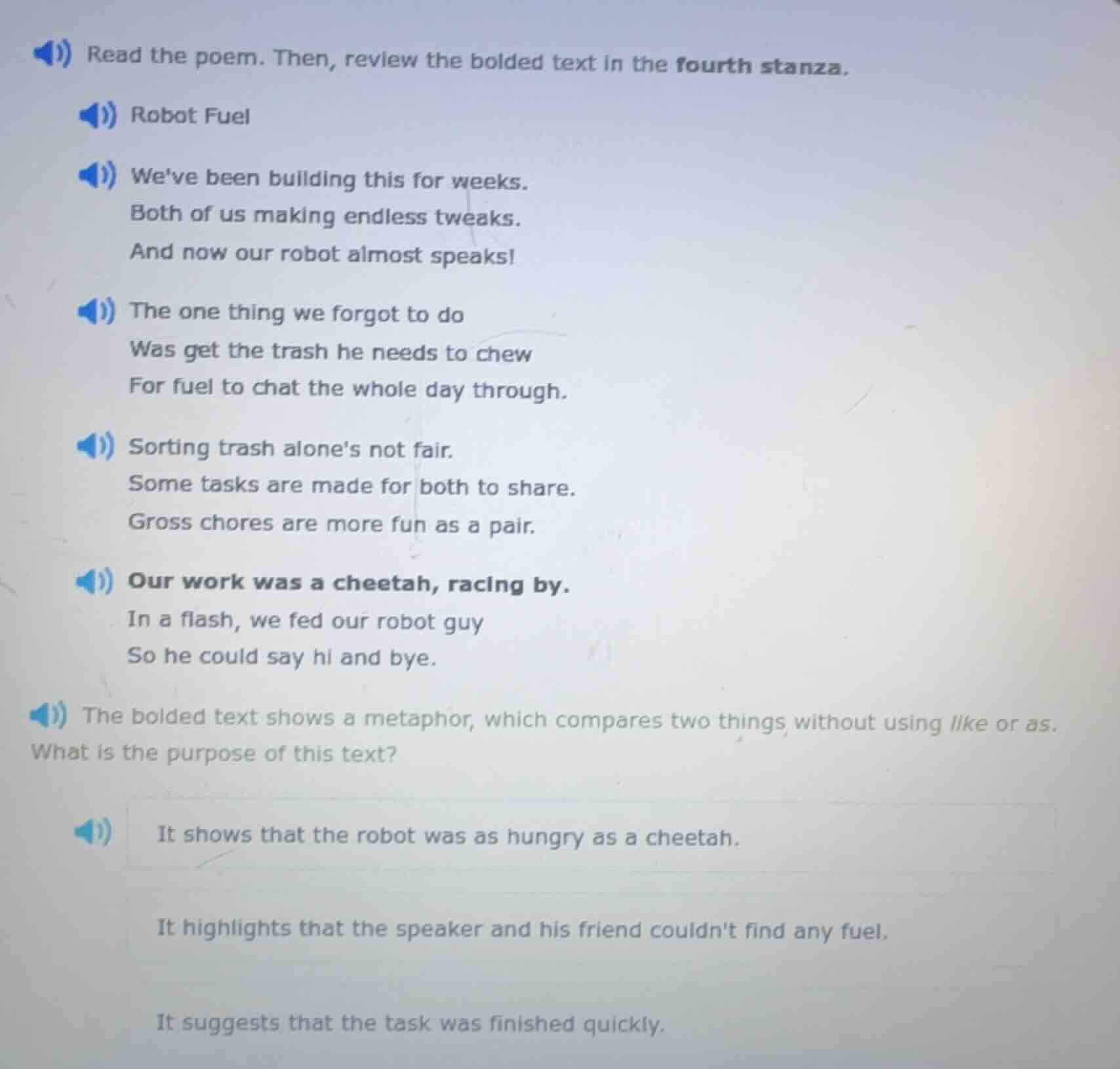 read the poem. then, review the bolded text in the fourth stanza. robot…