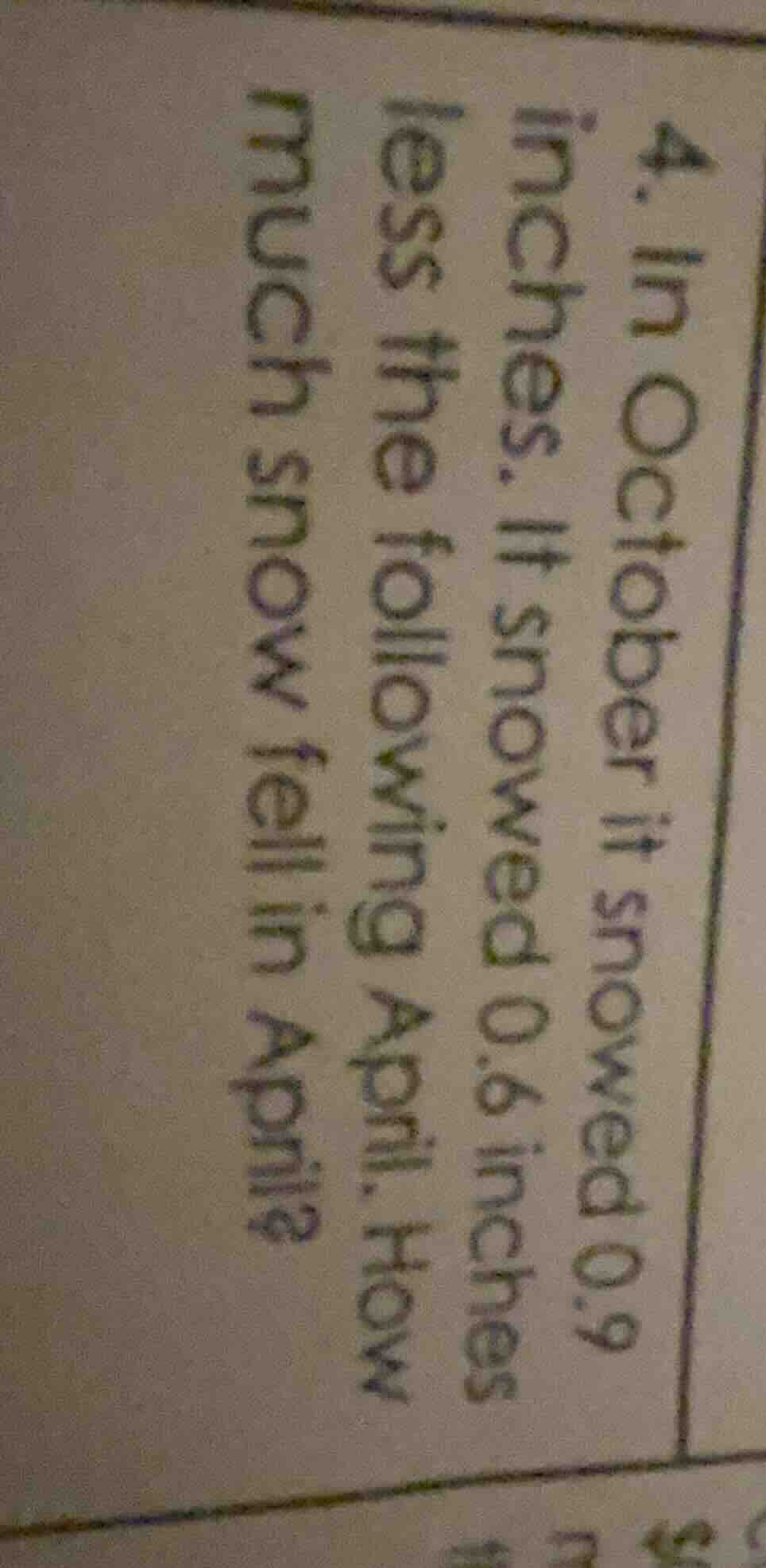 4. in october it snowed 0.9 inches. it snowed 0.6 inches less the follo…