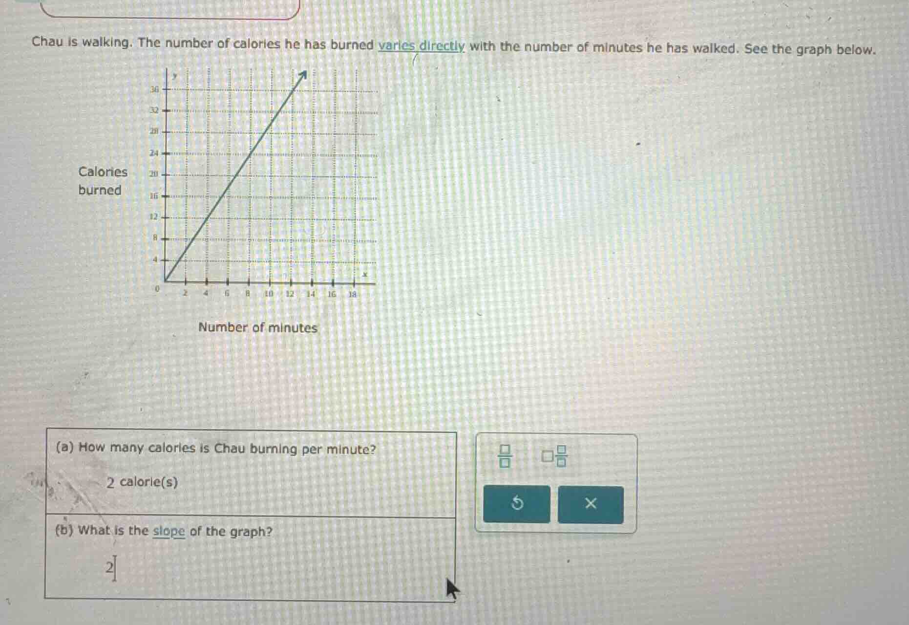 chau is walking. the number of calories he has burned varies directly w…