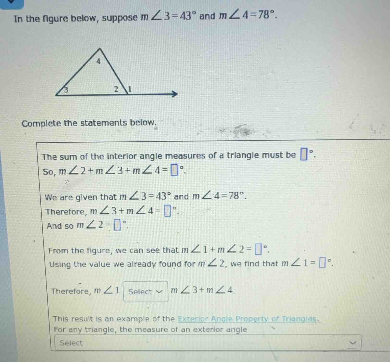 in the figure below, suppose ( mangle3 = 43^circ ) and ( mangle4 = 78^c…