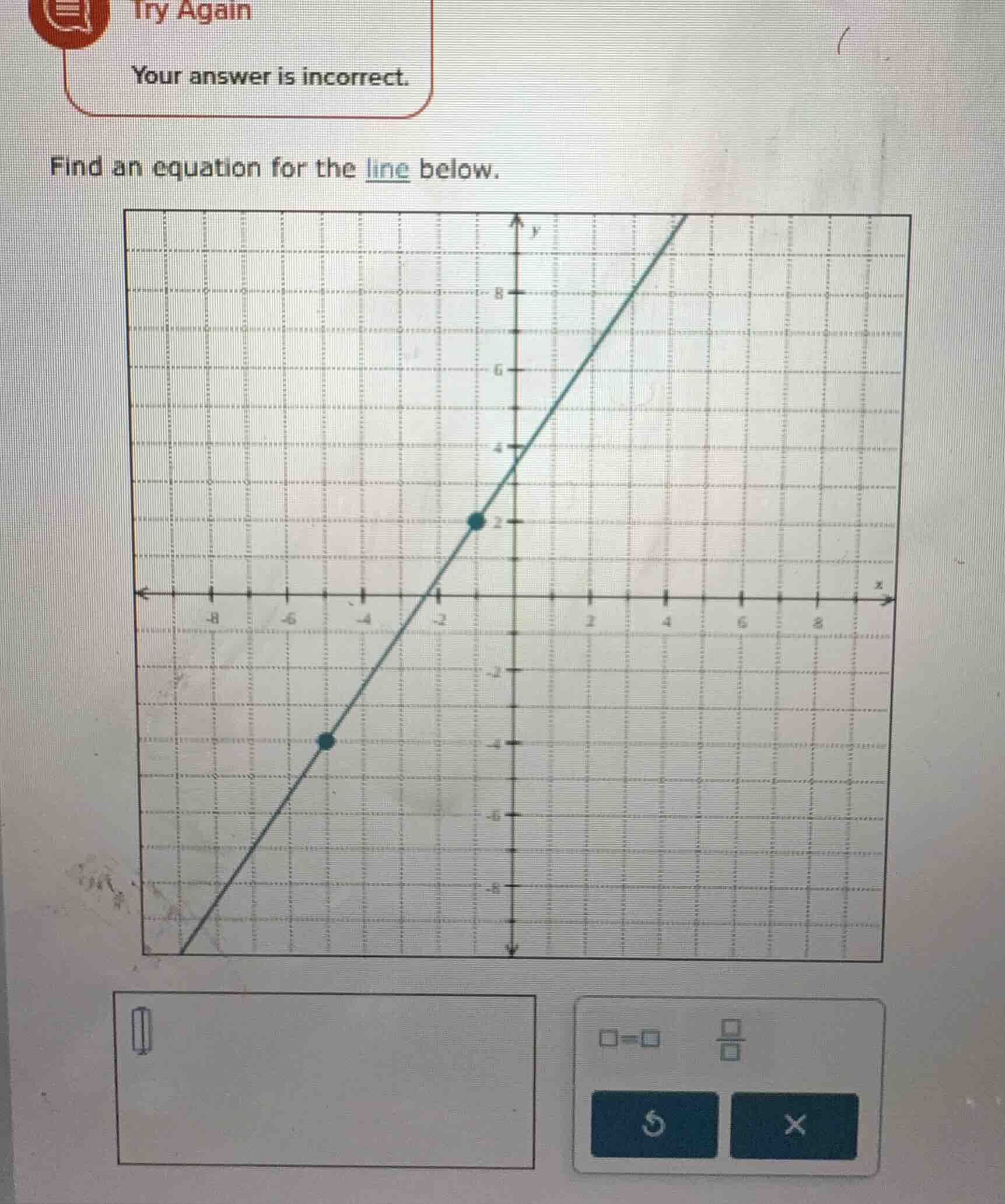try again your answer is incorrect. find an equation for the line below.