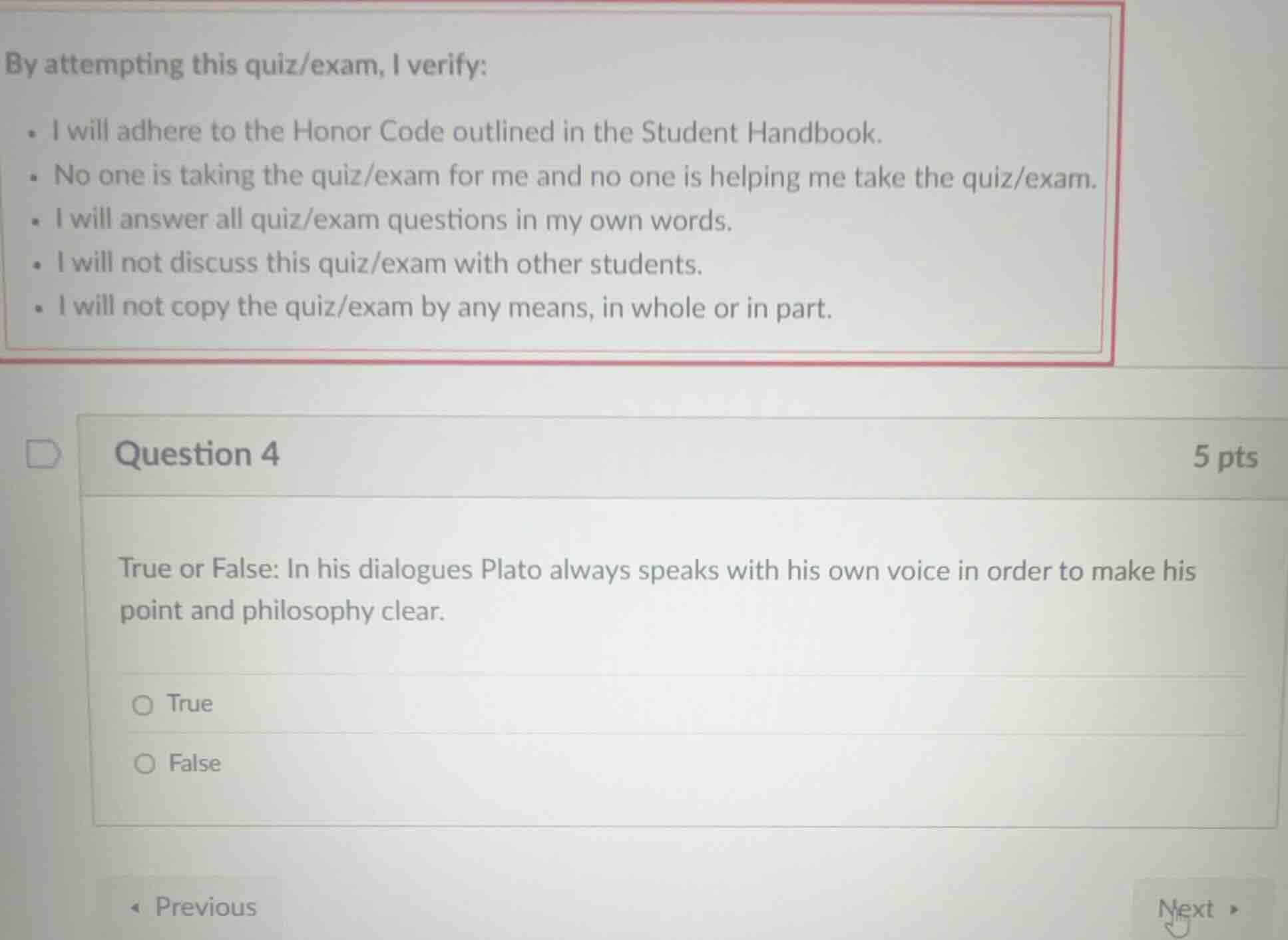 question 4 5 pts true or false: in his dialogues plato always speaks wi…