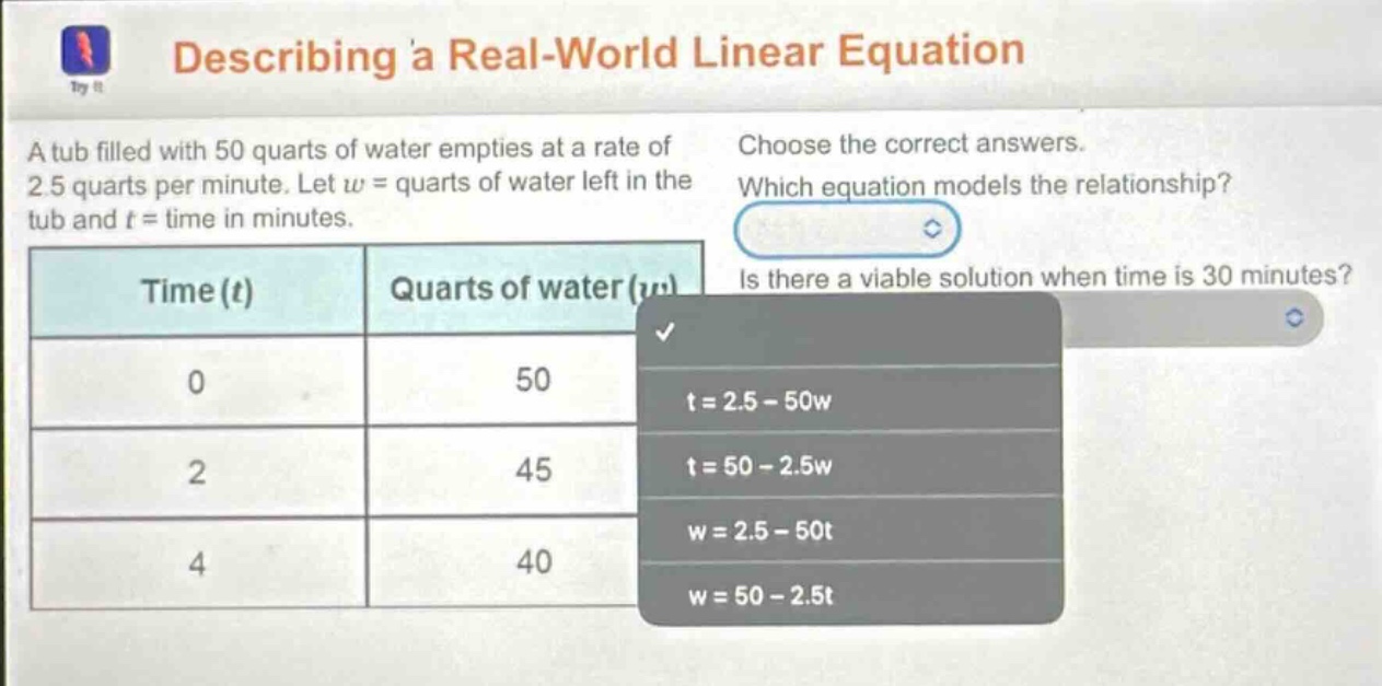 describing a real - world linear equation a tub filled with 50 quarts o…
