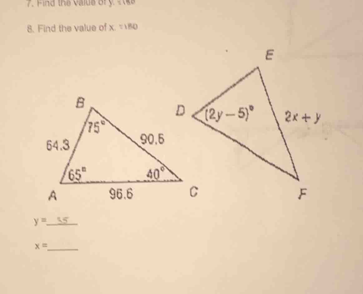 7. find the value of y. \ 8. find the value of x. \ triangle abc with a…
